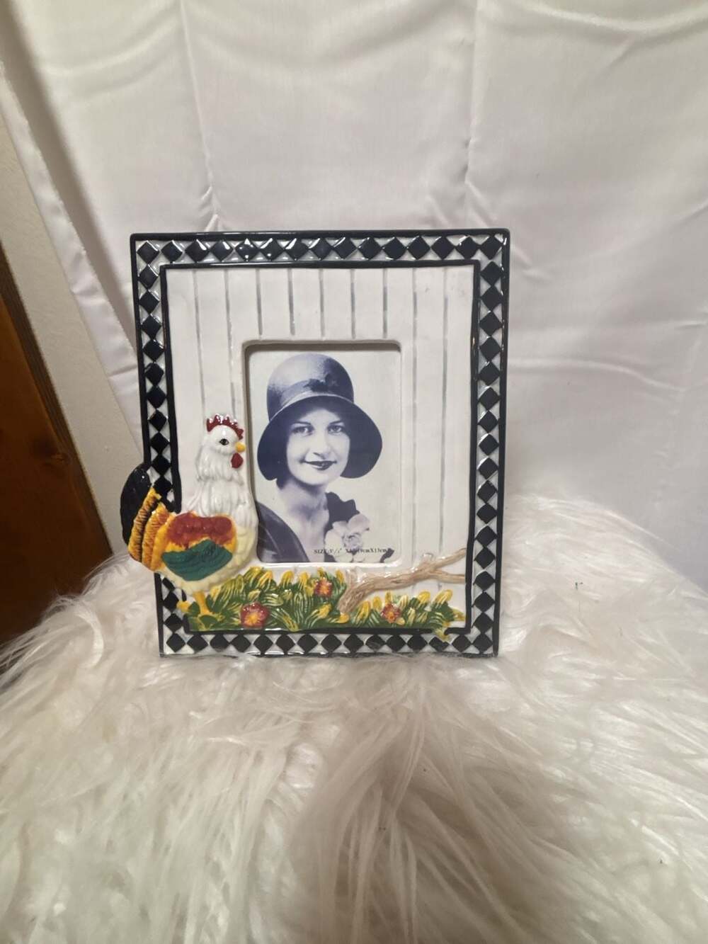 CBK Rooster Country Picture Frame Sunflowers Black Check Border Stand Up